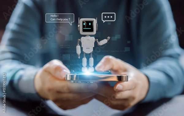 Fototapeta Ai technology concept with artificial intelligence chatbot and generative smart system, robotic, deep learning network, digital assistant, machine learning, algorithm, innovation and data processing