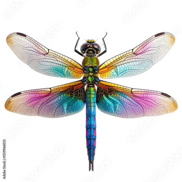 Fototapeta Detailed overhead macro photograph of iridescent dragonfly resting isolated on white background PNG