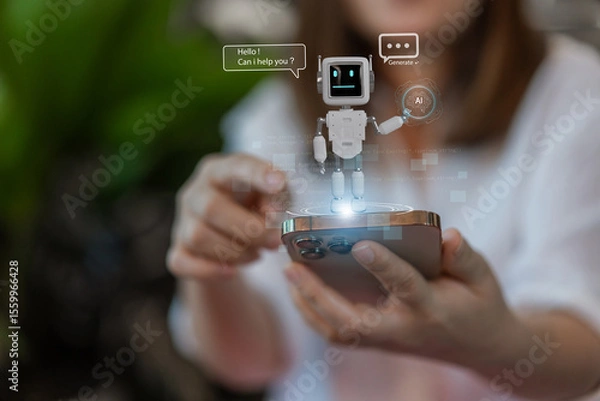 Fototapeta Ai technology concept with artificial intelligence chatbot and generative smart system, robotic, deep learning network, digital assistant, machine learning, algorithm, innovation and data processing