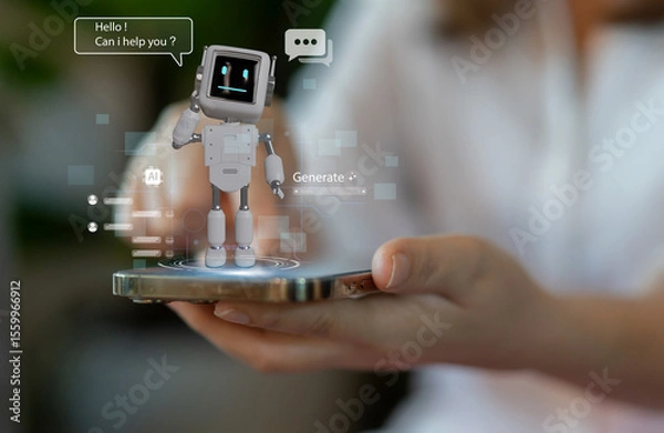 Fototapeta Ai technology concept with artificial intelligence chatbot and generative smart system, robotic, deep learning network, digital assistant, machine learning, algorithm, innovation and data processing