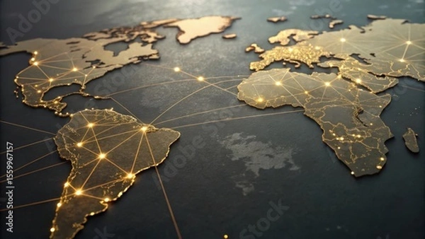 Fototapeta Global network map with golden continents and connecting lines representing worldwide connections