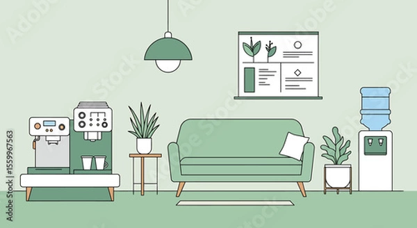 Fototapeta Minimalist Office Interior with Coffee Machine, Sofa, and Plants.