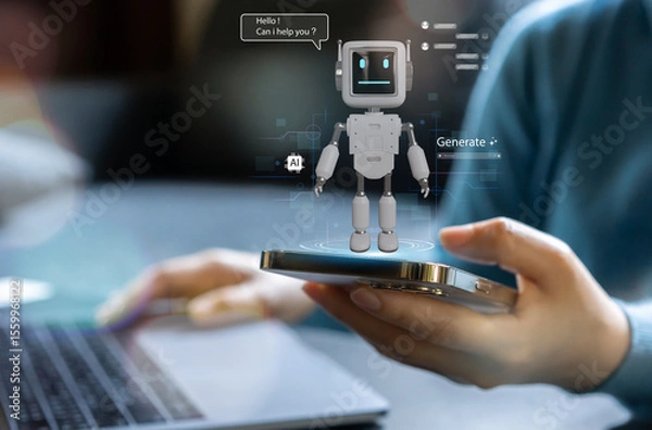 Fototapeta Ai technology concept with artificial intelligence chatbot and generative smart system, robotic, deep learning network, digital assistant, machine learning, algorithm, innovation and data processing