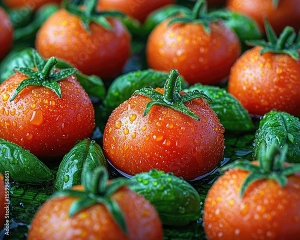 Fototapeta Fresh, juicy, wet cherry tomatoes and basil leaves