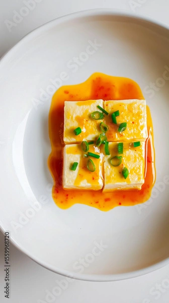 Fototapeta Soft tofu mixed with smooth mango sauce, served with glossy sweet chili sauce styled on a white plate.