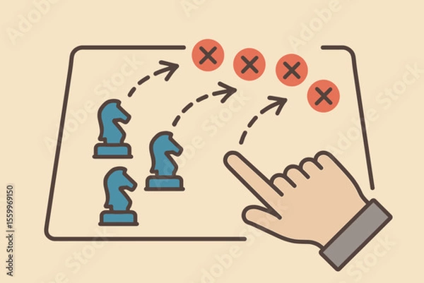 Obraz Strategic Chess Knights and Tactical Plan with Red Crosses and Arrows.