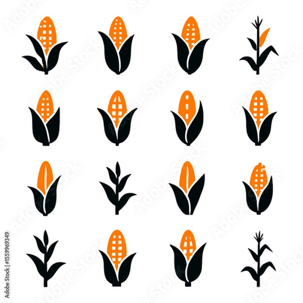 Obraz Stylized Corncob and Plant Icons in Black and Orange, Agricultural Symbols