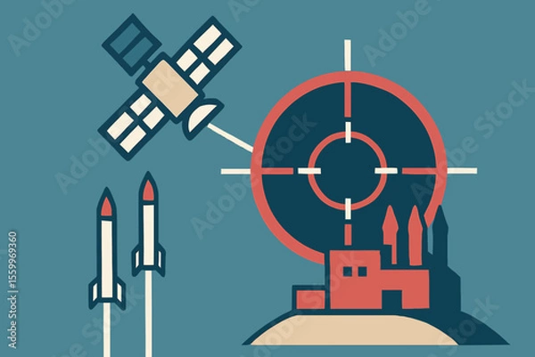Obraz Stylized Satellite, Missiles, and Target Illustration with Factory Silhouette