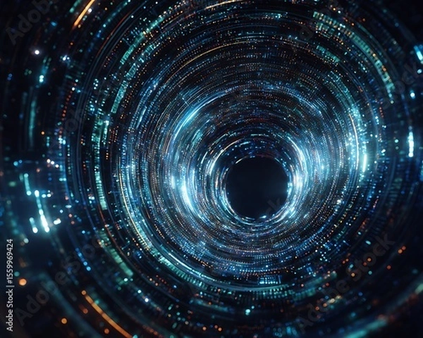 Obraz Abstract digital tunnel with glowing lights and dark center in a circular pattern design