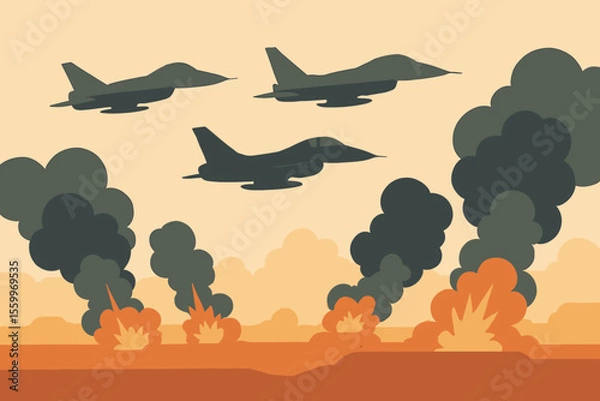Obraz Three fighter jets fly over explosions and smoke in a war zone