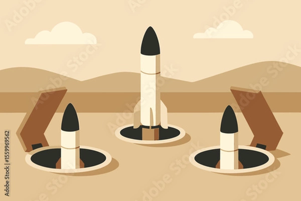 Obraz Three Missiles Poised in Desert Launch Silos