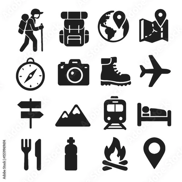 Obraz Travel and Adventure Icons: Hiker, Backpack, Globe, Map, Compass, Camera, Boot, Plane