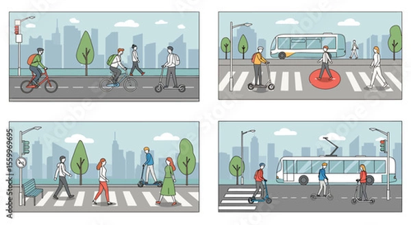 Obraz Urban Commuting: Cyclists, Scooters, and Pedestrians Navigating City Streets.