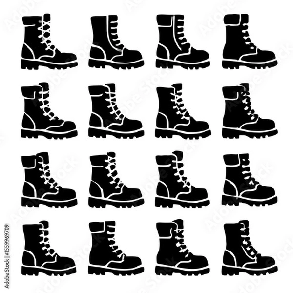 Obraz Varied silhouettes of black combat boots arranged in a grid pattern