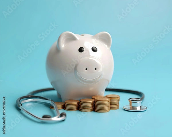 Fototapeta White piggy bank next to stacked coins and a stethoscope on a blue background symbolizing healthcare costs and financial health.