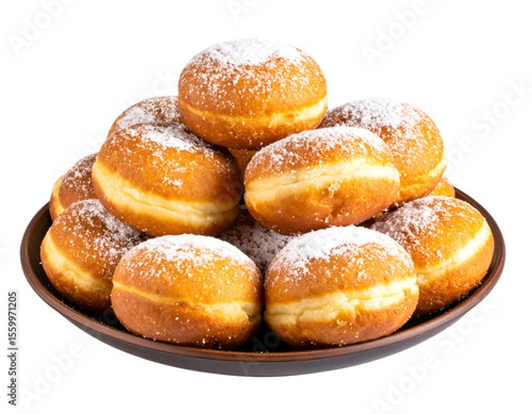 Fototapeta Golden fried donuts, generously coated with powdered sugar, creating an irresistible sweet treat.