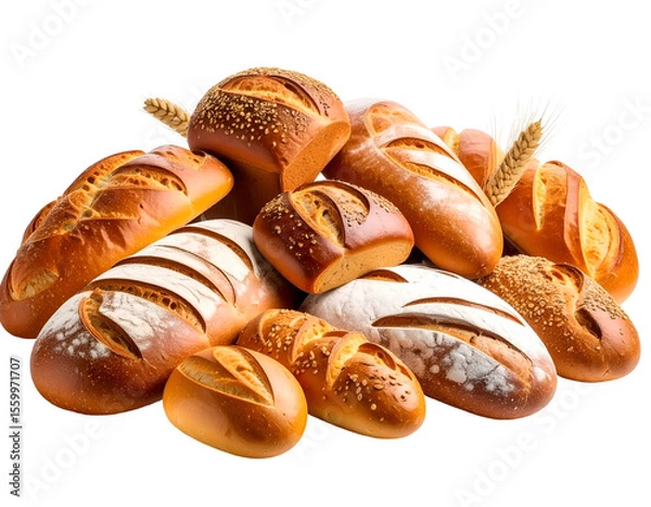 Fototapeta A bountiful display of various golden-crusted breads and rolls, highlighted by natural wheat stalks.