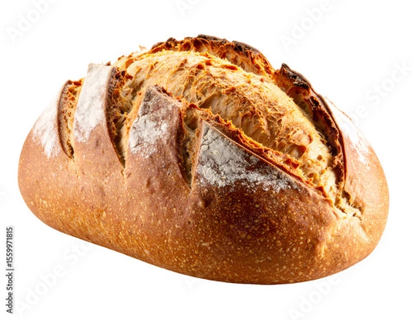 Fototapeta A perfectly baked, golden-brown artisan bread loaf showcases its rustic texture and flour dusting.