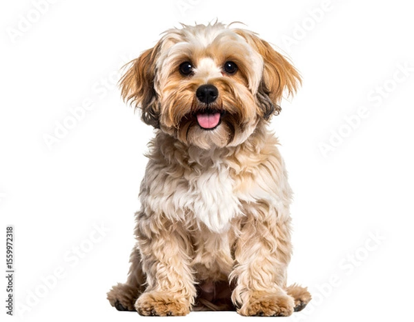 Fototapeta A charming fluffy Havanese dog sits attentively, looking directly at the viewer with a happy expression.