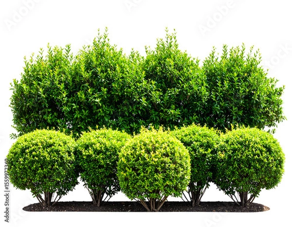 Fototapeta A vibrant display of lush green garden bushes and neatly trimmed hedges creates a beautiful natural border.