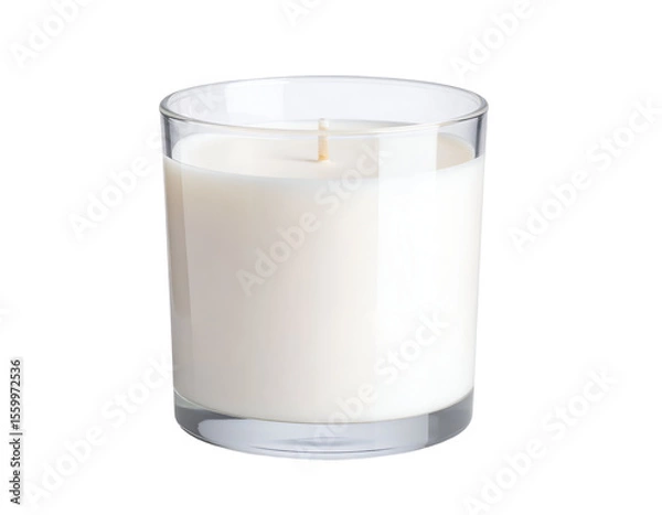 Fototapeta A pristine white candle in a sleek glass container ready to bring warmth and comfort to any space.