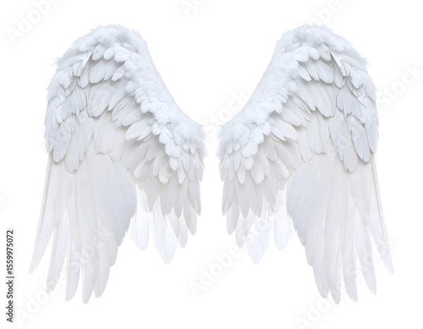 Fototapeta A magnificent pair of pure white feathered wings elegantly displayed, embodying grace and spiritual essence.
