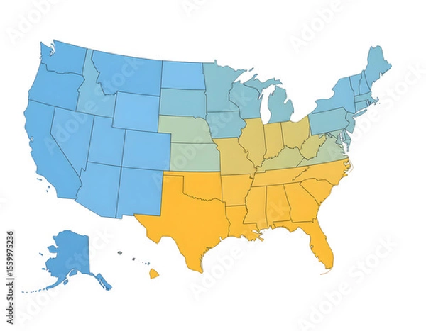 Fototapeta Vibrant United States map illustrating geographical divisions with distinct color coding for regions.