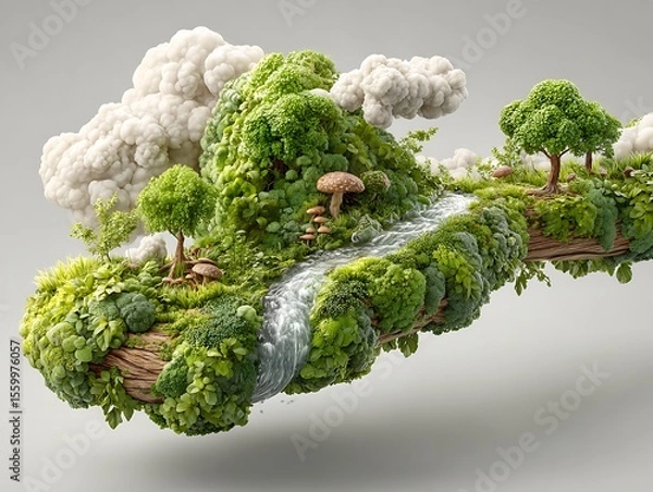Obraz Floating island with lush greenery, a flowing river, trees, and mushrooms against a gray background