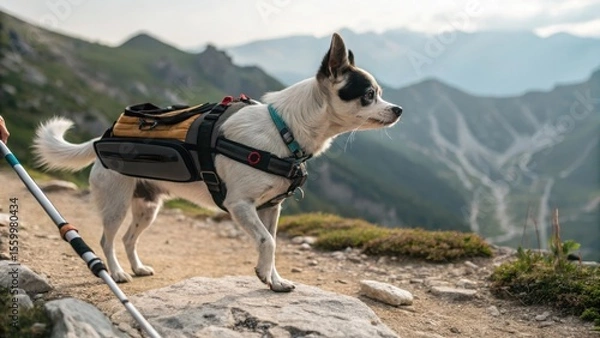 Obraz Adorable small dog wearing hiking backpack walking on rocky mountain trail during golden hour with scenic alpine landscape and autumn colors in background