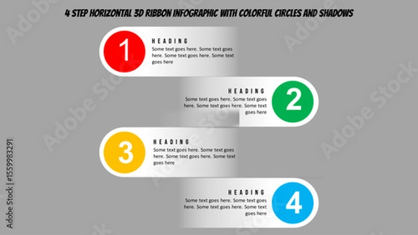 Fototapeta 4 Step Horizontal 3D Ribbon Infographic with Colorful Circles and Shadows. Fully Editable SVG for PowerPoint, Web, Illustrator, and most vector-based applications.