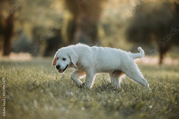 Fototapeta Un chiot blanc de race golden retriever dans la nature