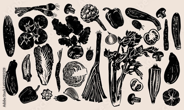 Fototapeta Different vegetables linocut vector illustration with grunge texture. Monochrome linear woodcut illustration. Harvest, autumn isolated graphic elements. 