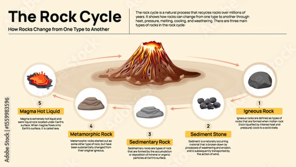 Obraz Rock Cycle Infographic - The Continuous Transformation Between Igneous, Sedimentary, and Metamorphic Rocks