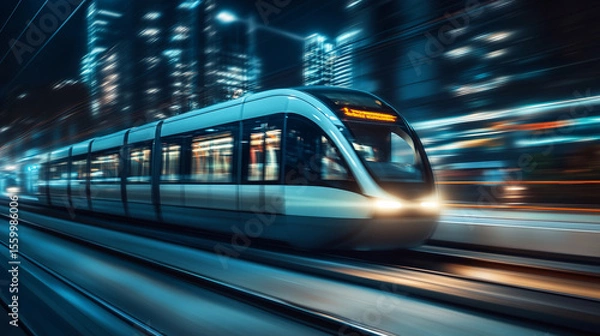 Fototapeta Sleek monorail glides through a futuristic cityscape, embodying advanced urban mobility and innovation.
