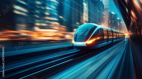Fototapeta Sleek monorail glides through a futuristic cityscape, embodying advanced urban mobility and innovation.
