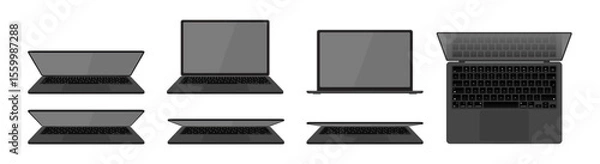 Fototapeta Realistic Gray Laptop Computer Vector Set – Front, Top, Angled, and Closed Screen Views, 3D Mockup of Generic Notebook for UI, Product, and App Design
