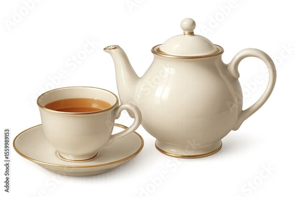 Obraz Porcelain teapot and teacup with gold trim on transparent background