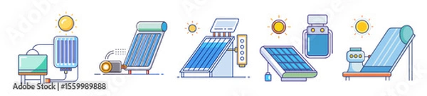 Fototapeta Illustrations showcasing various types of solar water heating systems and technologies