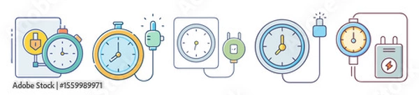 Fototapeta Collection of stylized clocks and power cords signifying charging and time