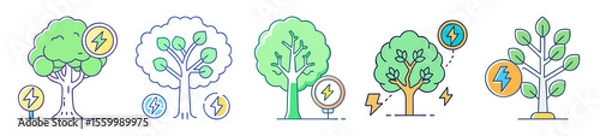 Fototapeta Trees linked with electricity and renewable energy in simple vector illustrations