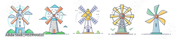 Fototapeta Collection of various colorful windmill designs isolated on a white background