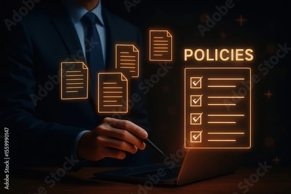 Fototapeta A businessman reviews company policies on his laptop with glowing document icons and a checklist