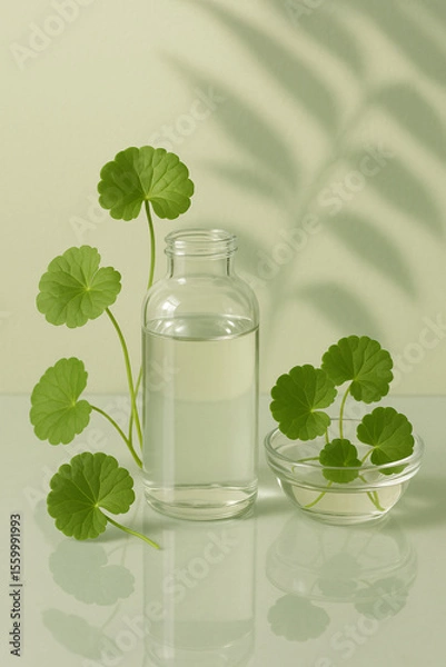 Obraz A bottle of water surrounded by fresh gotu kola leaves on a calm water surface, creating a natural, refreshing, and serene atmosphere.