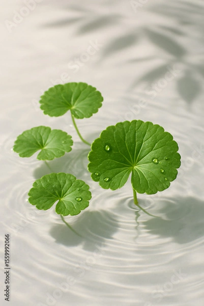 Obraz Fresh gotu kola leaves floating on water with soft ripples and dew drops, evoking natural purity, wellness, and herbal skincare aesthetics.