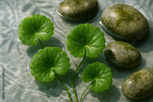 Obraz A smooth stone surrounded by gotu kola leaves on a calm water surface, with gentle ripples and droplets, creating a peaceful, serene natural setting.