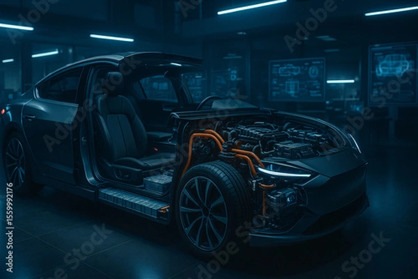 Obraz Futuristic electric vehicle with transparent body showing internal systems, displayed in a high-tech lab with advanced lighting and clean environment.