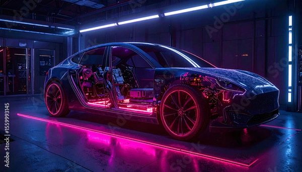 Obraz Futuristic electric vehicle with transparent body showing internal systems, displayed in a high-tech lab with advanced lighting and clean environment.