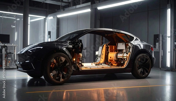 Obraz Futuristic electric vehicle with transparent body showing internal systems, displayed in a high-tech lab with advanced lighting and clean environment.