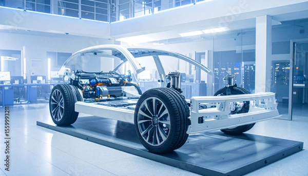 Obraz Futuristic electric vehicle with transparent body showing internal systems, displayed in a high-tech lab with advanced lighting and clean environment.