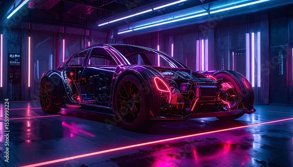 Obraz Futuristic electric vehicle with transparent body showing internal systems, displayed in a high-tech lab with advanced lighting and clean environment.